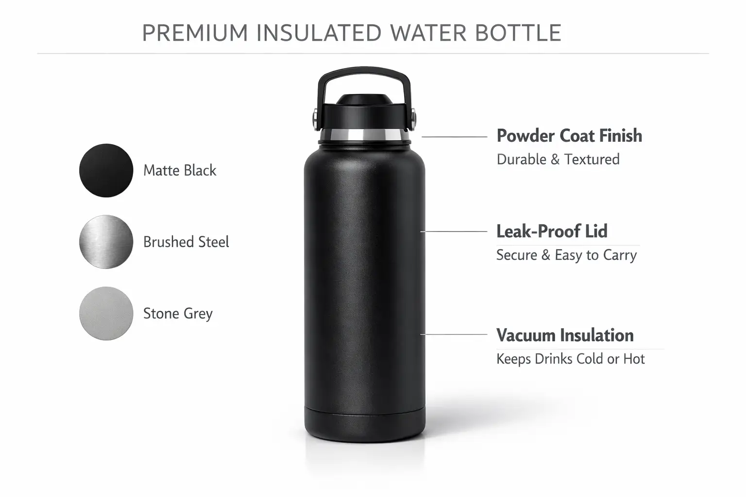A product concept board with a central hero product shot, side material swatches, and short labeled notes.