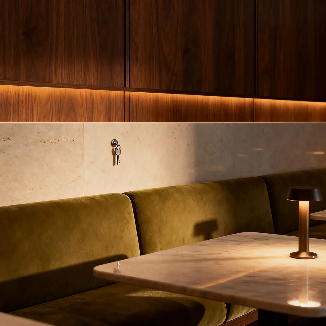 A hotel lounge key visual featuring clean materials, controlled lighting, and a polished hospitality atmosphere.