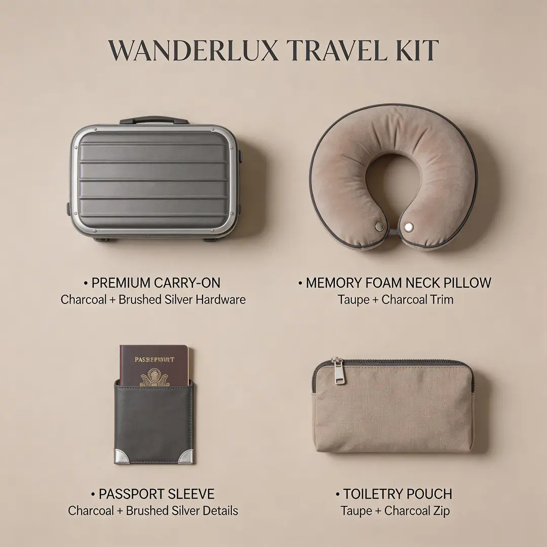 A travel kit concept board featuring coordinated products, refined materials, and a clean review-style layout.