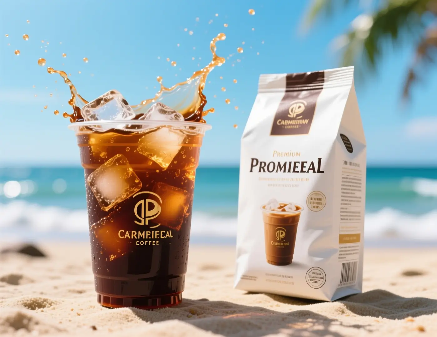 An iced coffee ad visual with splashing cold brew against a sunny beach background.