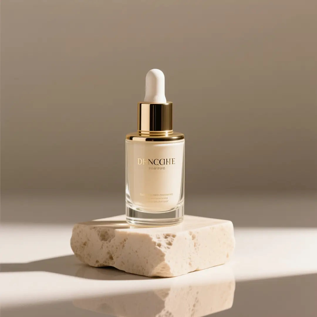 A premium glass skincare bottle resting on a light beige stone pedestal, lit with soft studio lighting.
